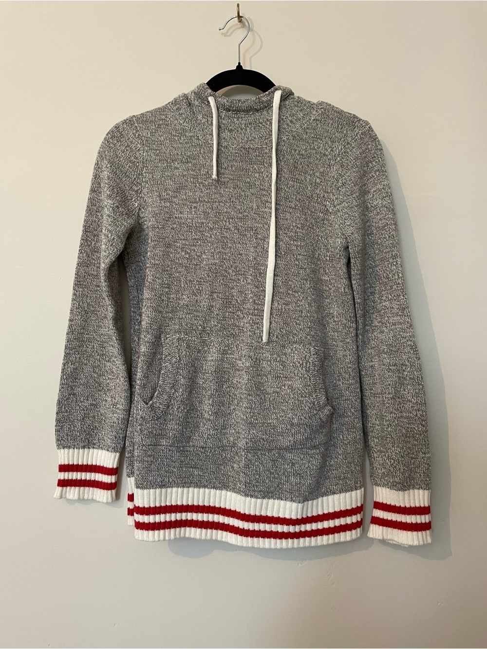 Gray Knit Hoodie Sweater with Red Stripe Trim